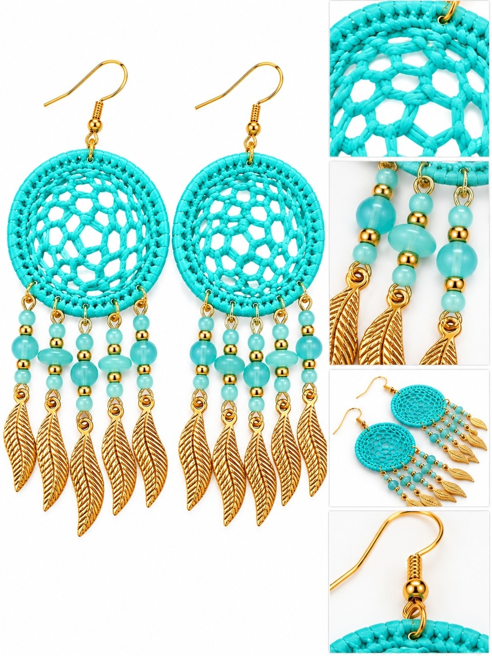 Turquoise Dreamcatcher Feather Dangle Earrings
